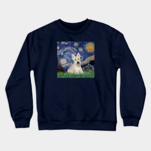 Starry Night Adapted to Include a White Scottish Terrier Crewneck Sweatshirt